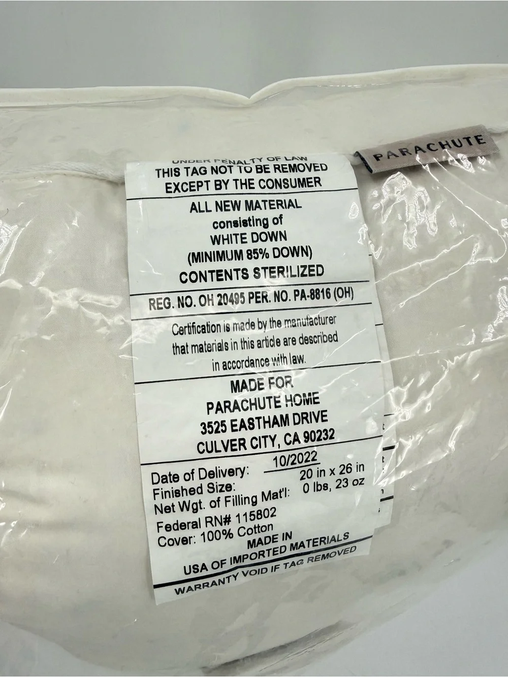 Parachute Firm Down Pillow Size Standard 100% Cotton Shell - Picture 6 of 9